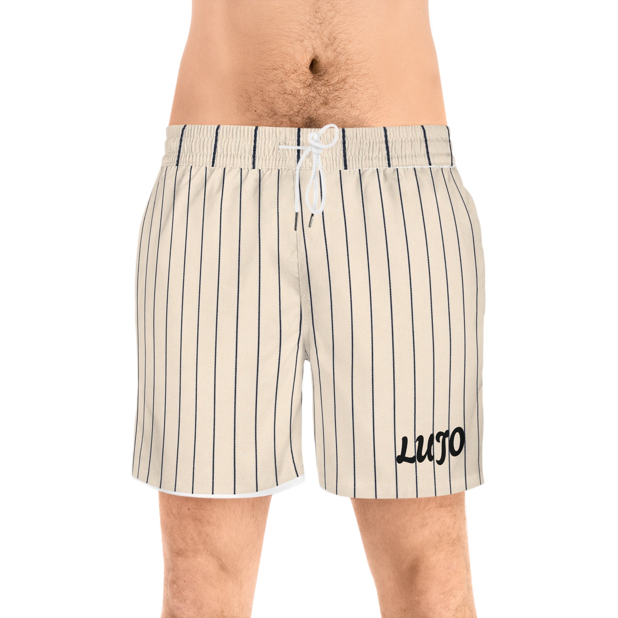 Men's Navy & White Vertical Stripe Swim Shorts — Mid-Length Beach Trunks