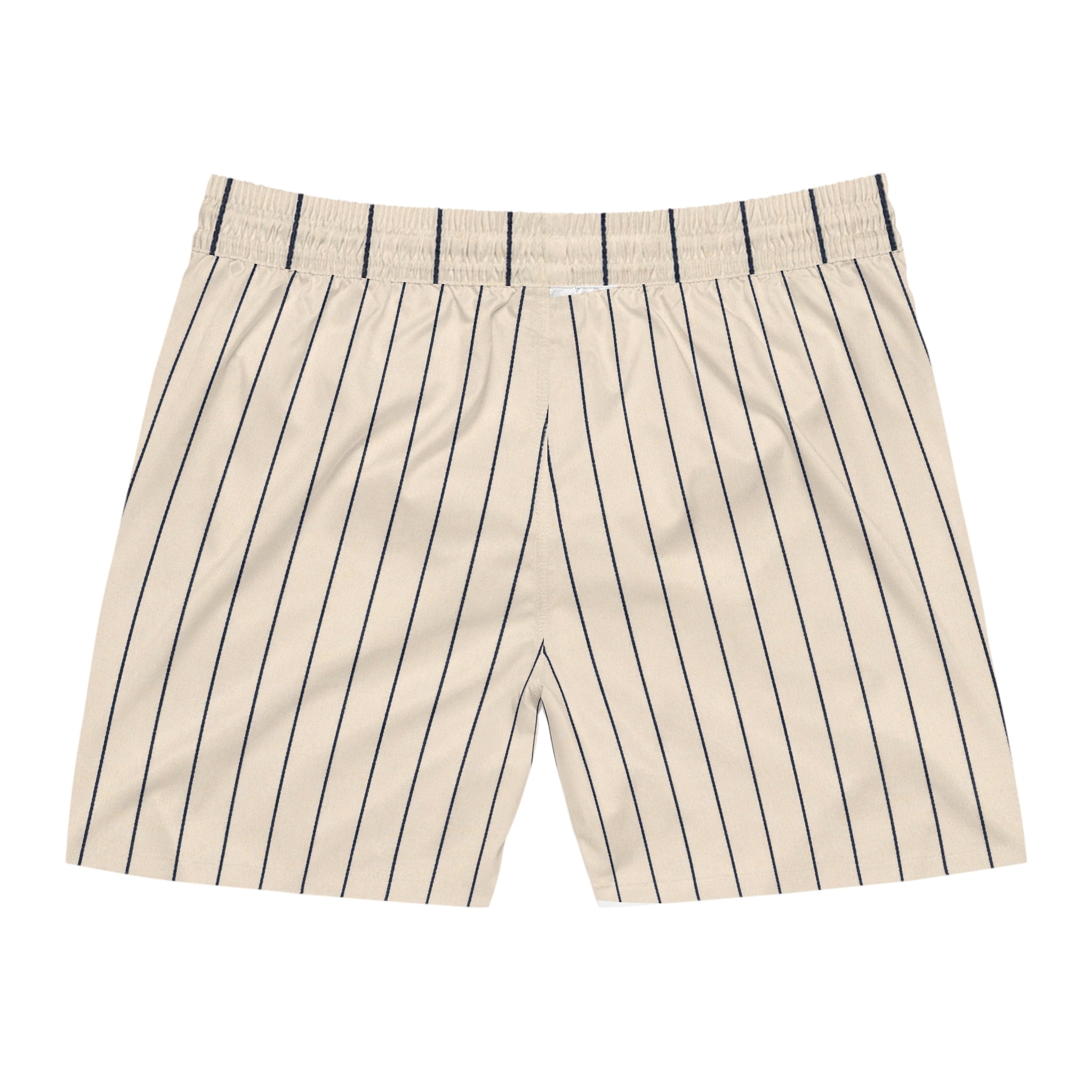 Men's Navy & White Vertical Stripe Swim Shorts — Mid-Length Beach Trunks