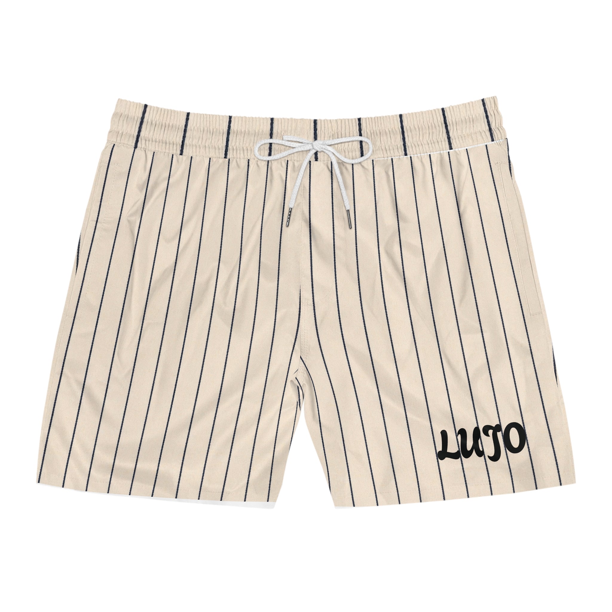 Men's Navy & White Vertical Stripe Swim Shorts — Mid-Length Beach Trunks