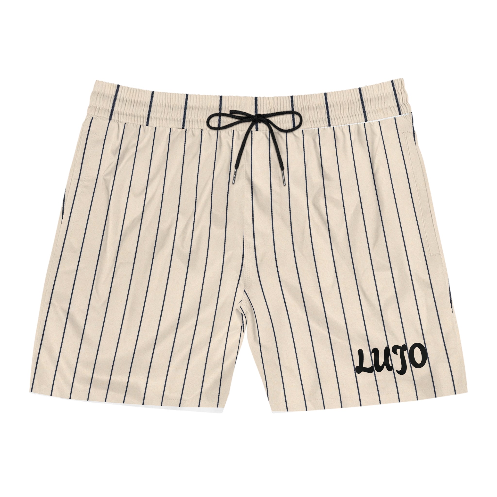 Men's Navy & White Vertical Stripe Swim Shorts — Mid-Length Beach Trunks