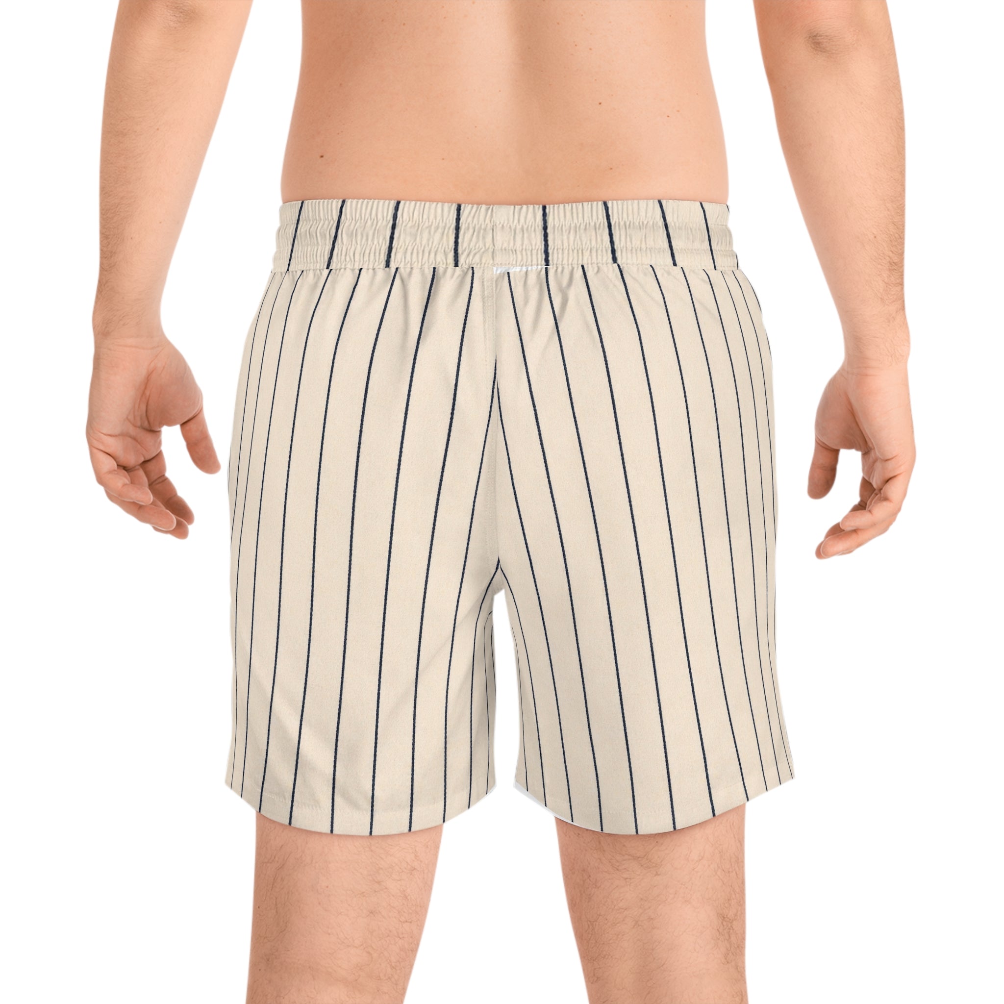 Men's Navy & White Vertical Stripe Swim Shorts — Mid-Length Beach Trunks